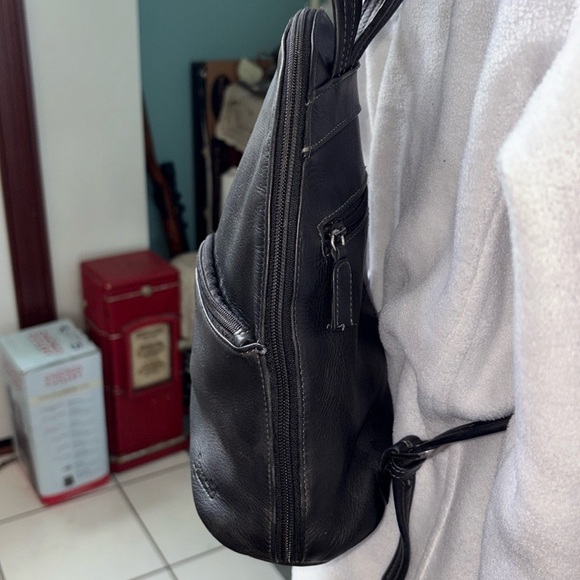 Tignanello backpack  mini backpack leather  black  2 exterior zipper pockets EUC main image 7